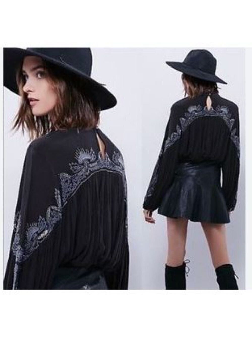 FREE PEOPLE Sweet Fantasy Beaded And Embroidered Boho Blouse Black Women's Large - Picture 2 of 15